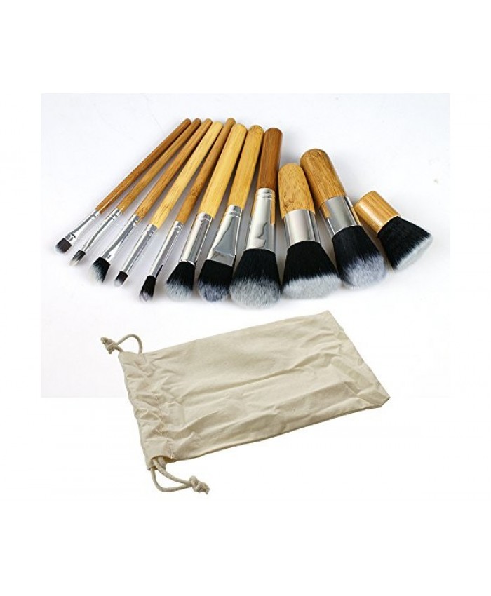 pioneerwork 11 pcs Wood Handle Makeup Cosmetic Eyeshadow Foundation Concealer Brush Set Pouch