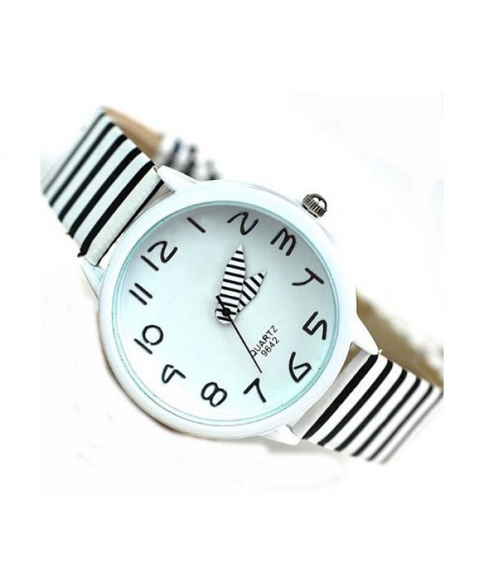 pioneerwork Fashion Concise Men's Navy Stripes White PU Leather Alloy Dial Quartz Wrist Watch