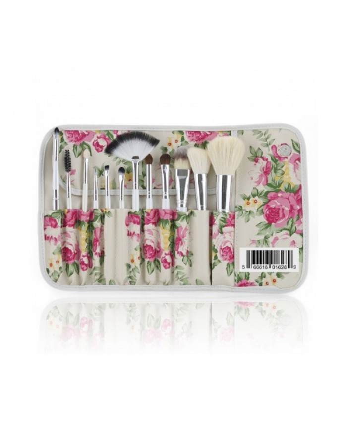 pioneerwork Professional 12 Piece Makeup Cosmetic Brush Set Kit with Rose Pattern Roll Up Case